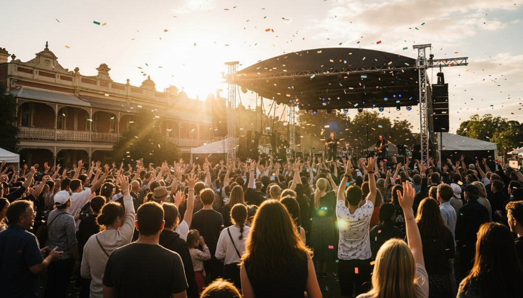 An ecstatic crowd celebrating a local festival in Soldiers Hill, captured in vibrant Soldiers Hill event photography captures, with professional lighting highlighting a joyous moment on a sun-drenched afternoon, creating an epic, unforgettable memory.