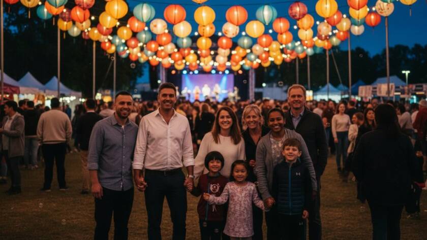 An epic moment of joyful celebration captured through vibrant Springvale community festival photography, showing diverse attendees laughing and dancing under colourful lanterns at dusk, with dynamic lighting and professional colour grading.