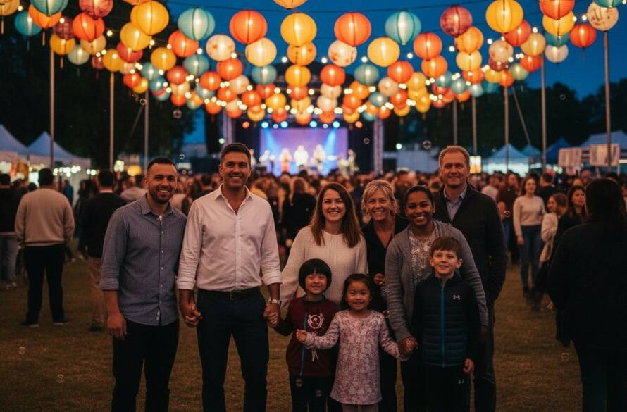 An epic moment of joyful celebration captured through vibrant Springvale community festival photography, showing diverse attendees laughing and dancing under colourful lanterns at dusk, with dynamic lighting and professional colour grading.