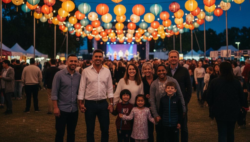 An epic moment of joyful celebration captured through vibrant Springvale community festival photography, showing diverse attendees laughing and dancing under colourful lanterns at dusk, with dynamic lighting and professional colour grading.