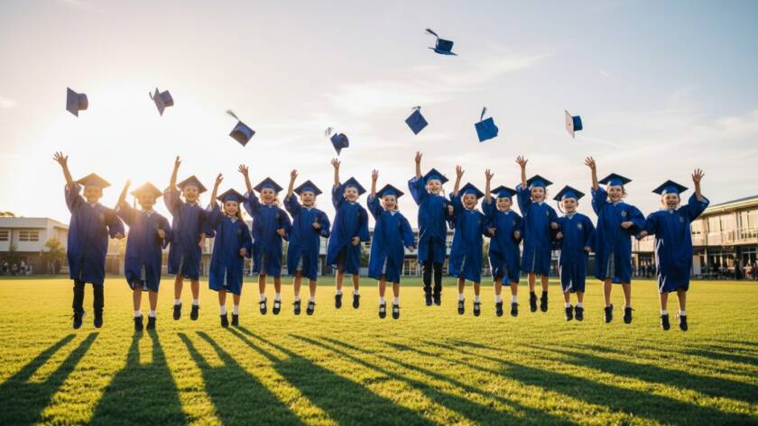 A wide-angle, cinematic photograph capturing a group of excited children in graduation caps and gowns tossing their caps into the air in front of a modern school building in Springvale, bathed in warm, golden hour sunlight, epitomizing vibrant Springvale primary school graduation photography.