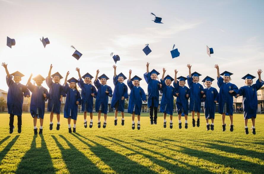 A wide-angle, cinematic photograph capturing a group of excited children in graduation caps and gowns tossing their caps into the air in front of a modern school building in Springvale, bathed in warm, golden hour sunlight, epitomizing vibrant Springvale primary school graduation photography.