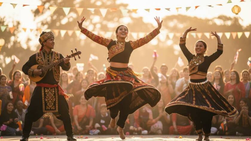 An epic moment of joy and cultural celebration captured through Vibrant Springvale South multicultural festival editorial photography, showing vibrant dancers in traditional attire mid-performance against a dynamic blurred crowd background, bathed in dramatic golden hour light.