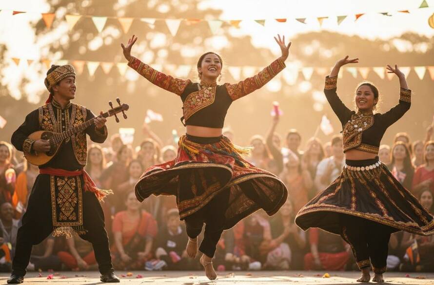 An epic moment of joy and cultural celebration captured through Vibrant Springvale South multicultural festival editorial photography, showing vibrant dancers in traditional attire mid-performance against a dynamic blurred crowd background, bathed in dramatic golden hour light.