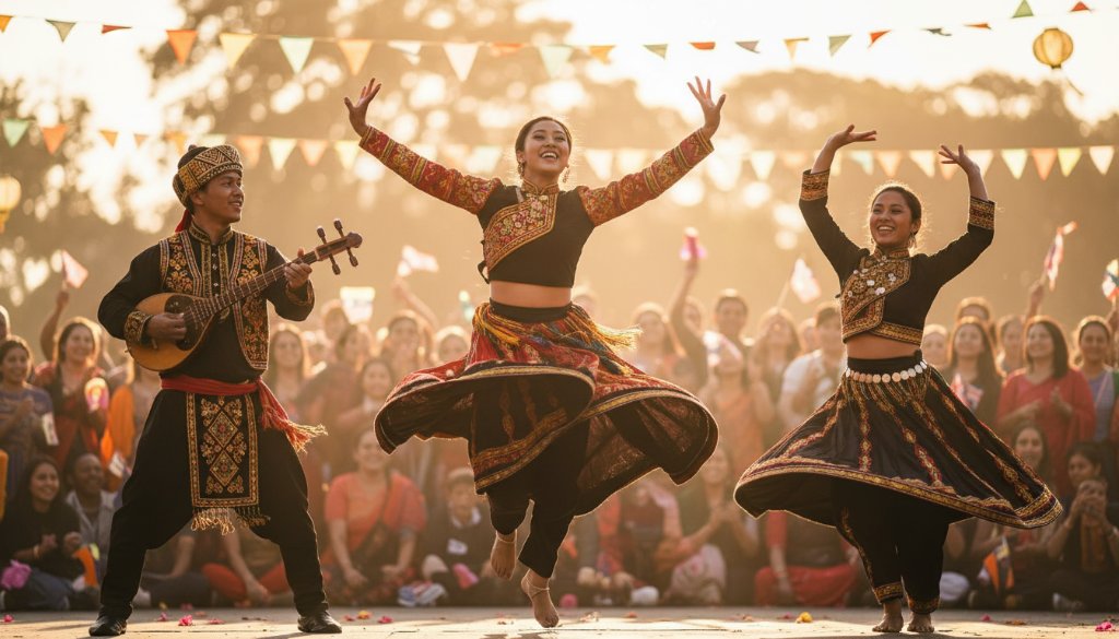 An epic moment of joy and cultural celebration captured through Vibrant Springvale South multicultural festival editorial photography, showing vibrant dancers in traditional attire mid-performance against a dynamic blurred crowd background, bathed in dramatic golden hour light.