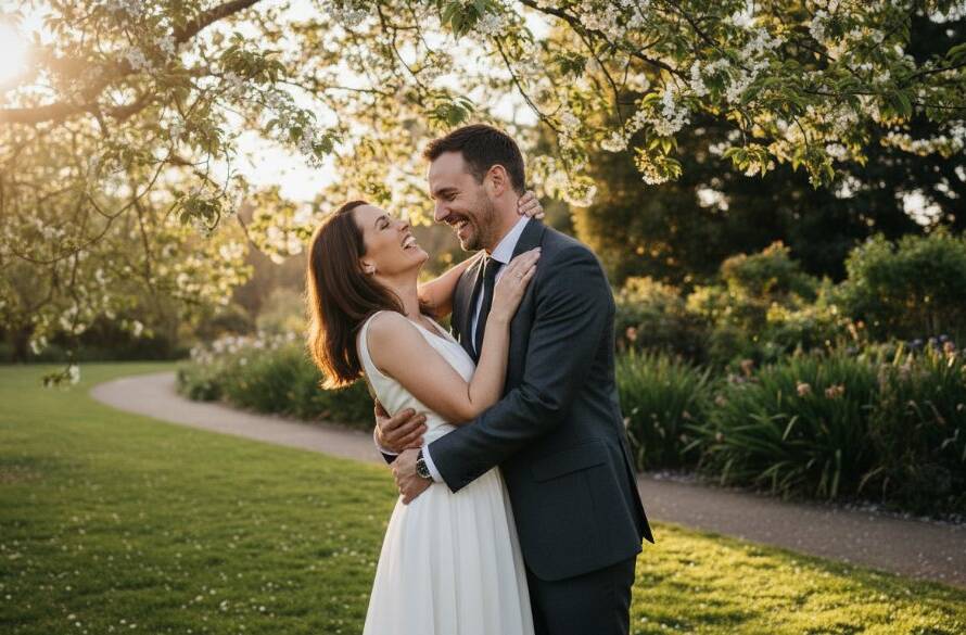 An epic, dramatic wide shot captured by Vibrant Springvale Wedding Photography Storytellers, showing a newly married couple embracing at sunset in a vibrant Springvale park, with soft, golden light filtering through trees and their joyful expressions illuminated.