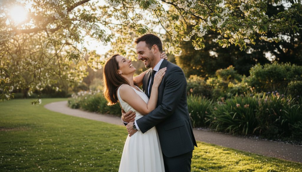 An epic, dramatic wide shot captured by Vibrant Springvale Wedding Photography Storytellers, showing a newly married couple embracing at sunset in a vibrant Springvale park, with soft, golden light filtering through trees and their joyful expressions illuminated.