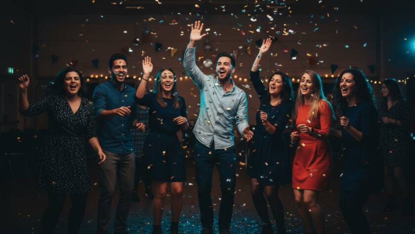 A candid, vibrant St Albans party photography Victoria shot capturing a group of friends laughing and dancing under colourful lights at a community hall, confetti frozen in mid-air, creating an epic moment of pure joy and celebration.