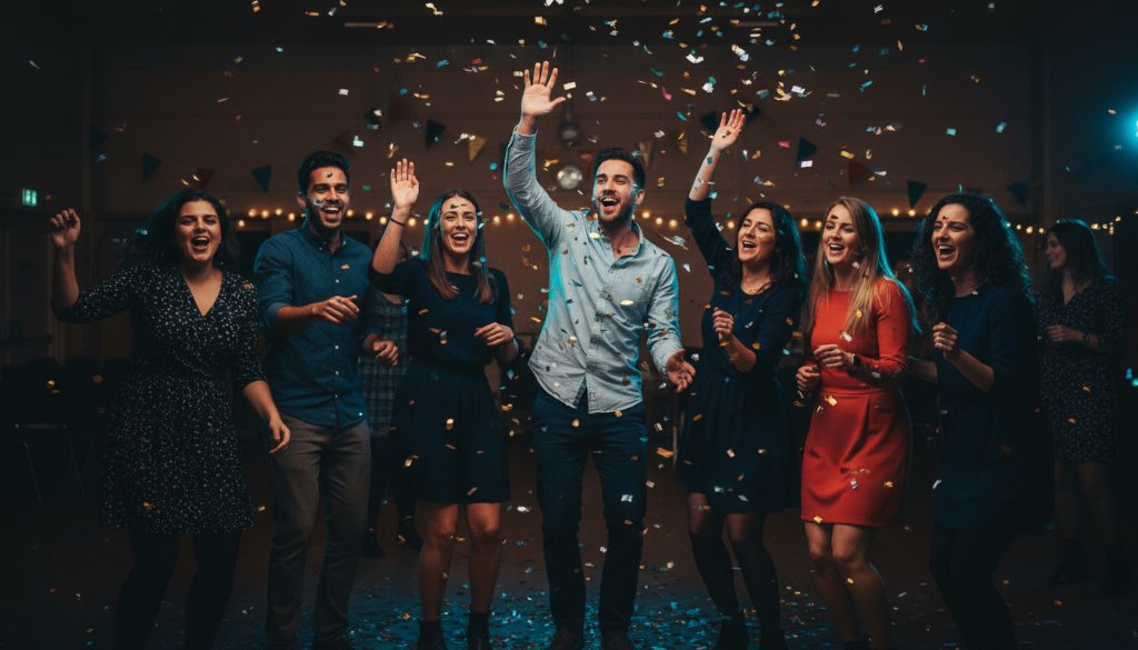A candid, vibrant St Albans party photography Victoria shot capturing a group of friends laughing and dancing under colourful lights at a community hall, confetti frozen in mid-air, creating an epic moment of pure joy and celebration.