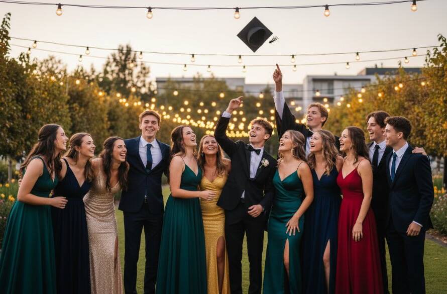 A group of beaming high school students in elegant formal wear celebrating their Vibrant Sunshine North school formal photography, captured at dusk with dramatic lighting against a backdrop suggesting the local area, evoking joy and friendship.