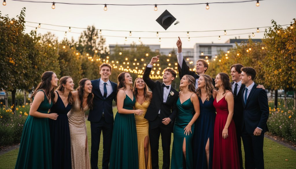 A group of beaming high school students in elegant formal wear celebrating their Vibrant Sunshine North school formal photography, captured at dusk with dramatic lighting against a backdrop suggesting the local area, evoking joy and friendship.