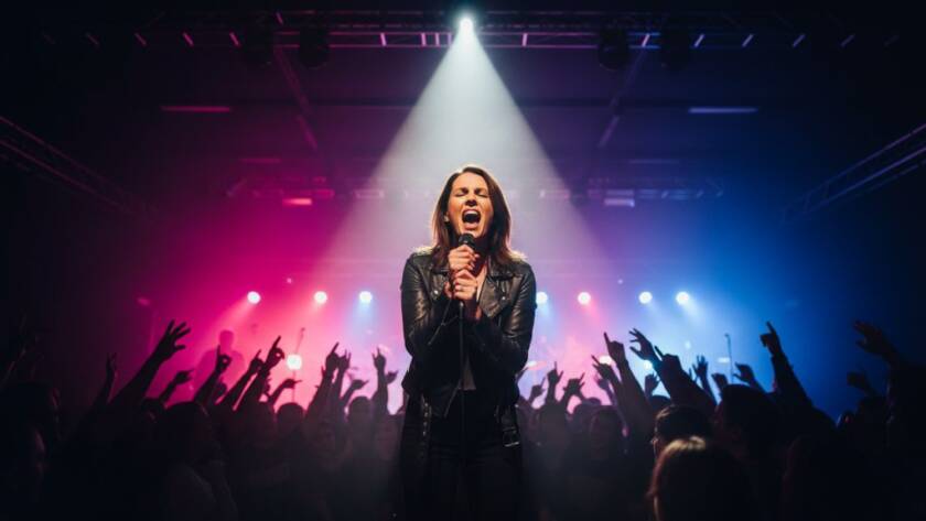 Dynamic wide-angle shot capturing the vibrant Templestowe live music photography essence: a lead guitarist mid-shred under dramatic blue and red stage lights, surrounded by a cheering crowd, conveying electrifying energy and an epic concert moment.