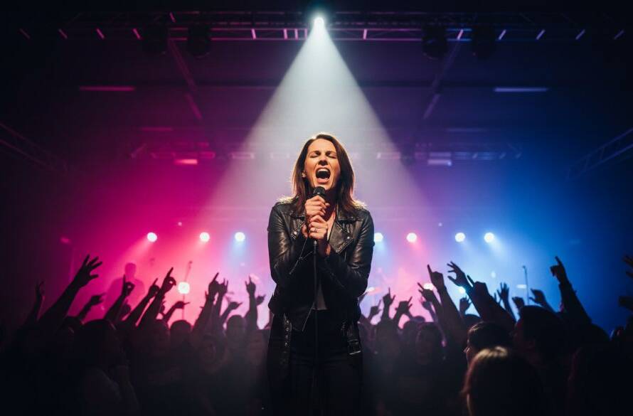 Dynamic wide-angle shot capturing the vibrant Templestowe live music photography essence: a lead guitarist mid-shred under dramatic blue and red stage lights, surrounded by a cheering crowd, conveying electrifying energy and an epic concert moment.