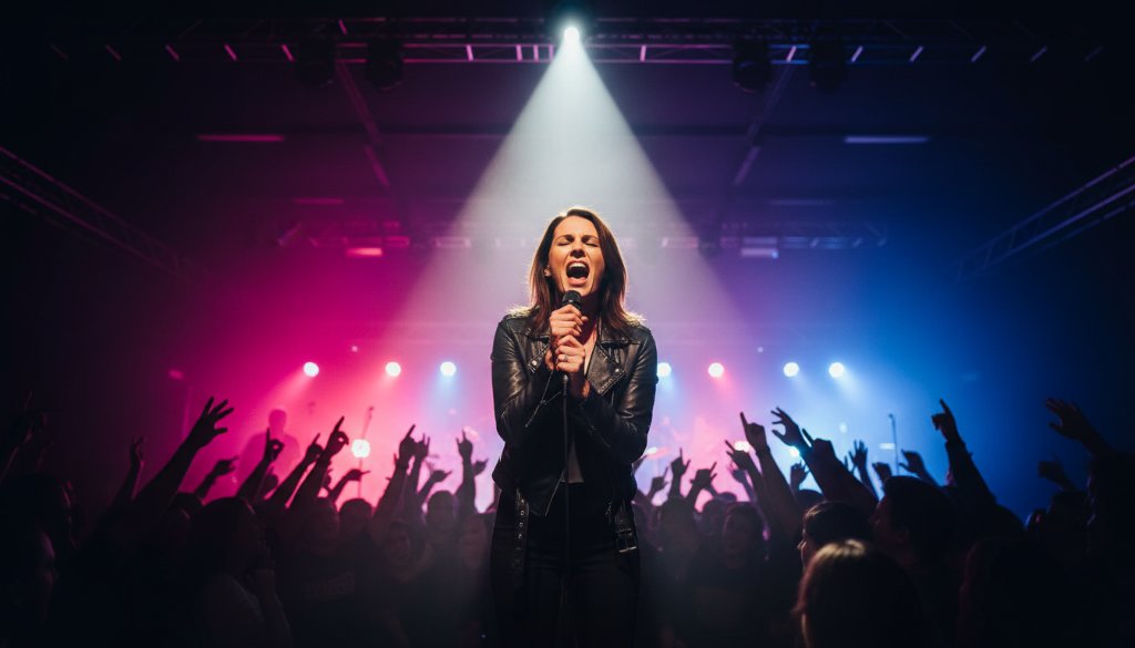 Dynamic wide-angle shot capturing the vibrant Templestowe live music photography essence: a lead guitarist mid-shred under dramatic blue and red stage lights, surrounded by a cheering crowd, conveying electrifying energy and an epic concert moment.