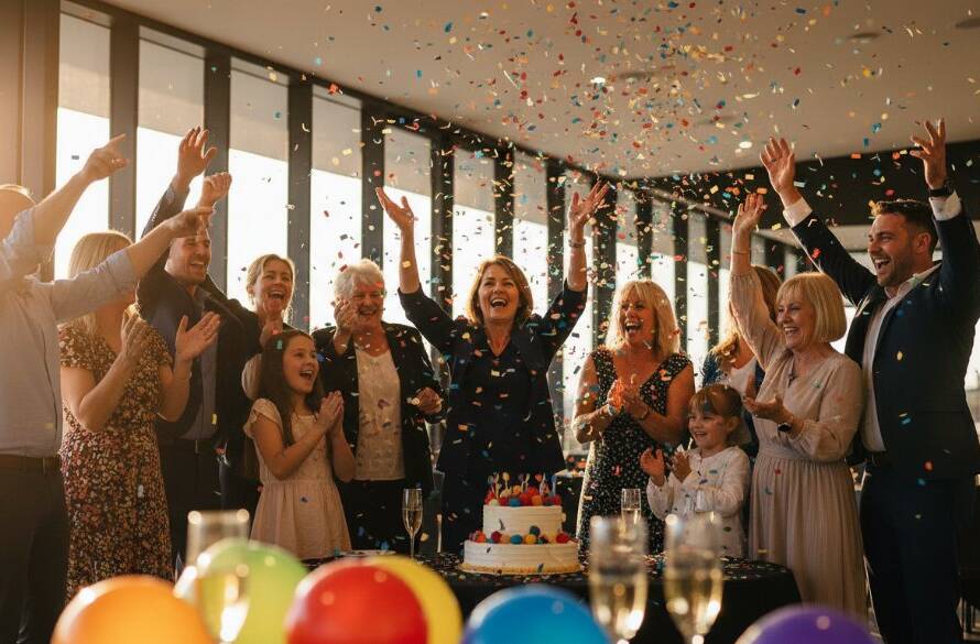 A candid, vibrant Truganina milestone party photography shot of guests laughing and cheering as confetti falls during a peak celebratory moment, captured with professional, dramatic lighting.