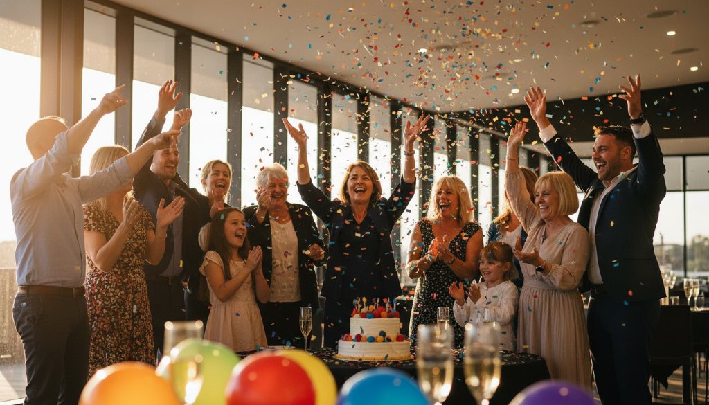 A candid, vibrant Truganina milestone party photography shot of guests laughing and cheering as confetti falls during a peak celebratory moment, captured with professional, dramatic lighting.