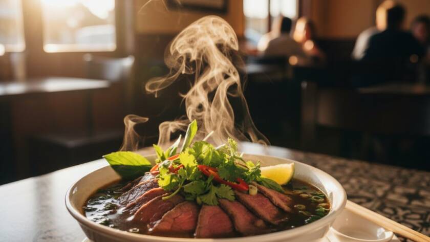 An epic, dramatically lit close-up of a steaming bowl of Phở, showcasing vibrant Vietnamese food photography Springvale South, with fresh herbs and lime, evoking warmth and tradition.