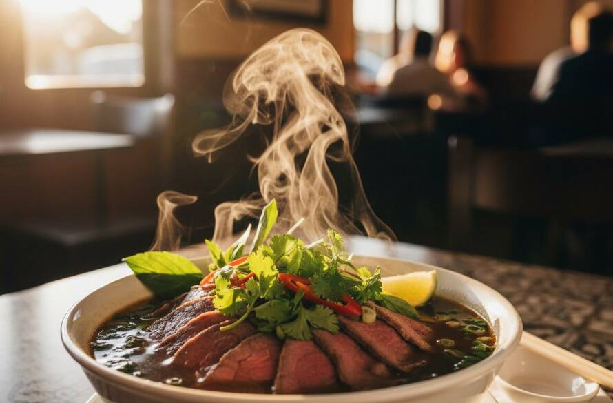 An epic, dramatically lit close-up of a steaming bowl of Phở, showcasing vibrant Vietnamese food photography Springvale South, with fresh herbs and lime, evoking warmth and tradition.