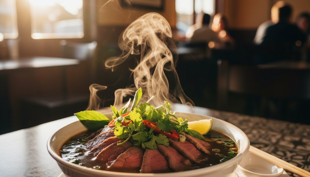 An epic, dramatically lit close-up of a steaming bowl of Phở, showcasing vibrant Vietnamese food photography Springvale South, with fresh herbs and lime, evoking warmth and tradition.