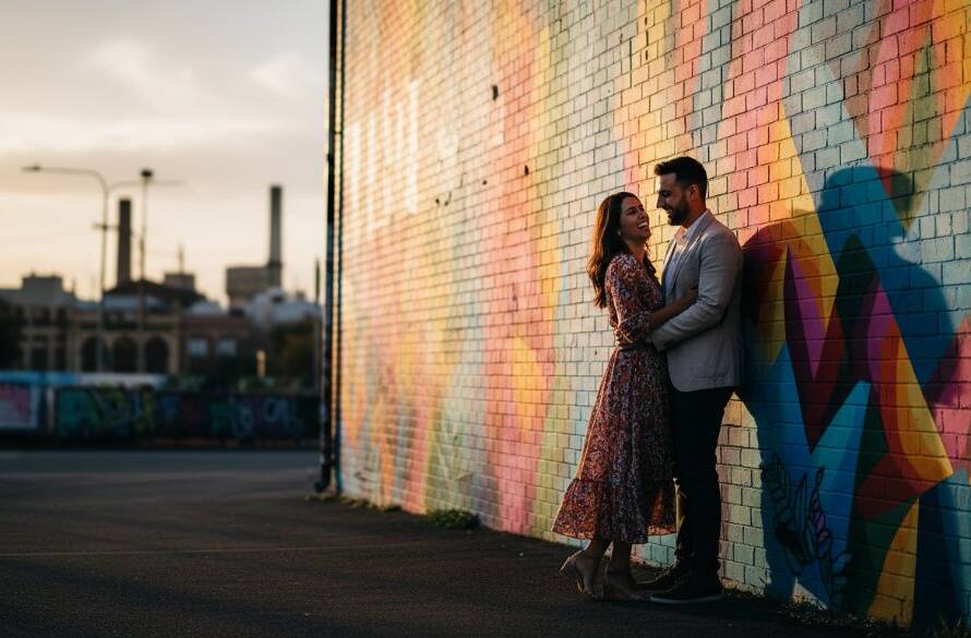 A couple shares an intimate, joyful moment amidst vibrant street art in West Footscray, bathed in soft golden hour light, showcasing Vibrant West Footscray Pre-Wedding Photography Urban Charm.