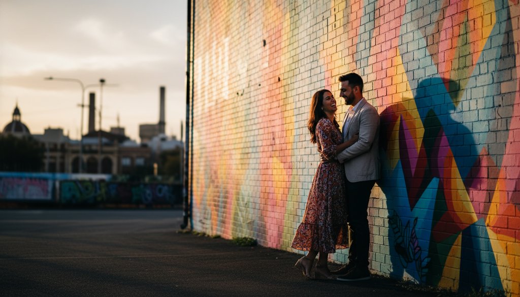 A couple shares an intimate, joyful moment amidst vibrant street art in West Footscray, bathed in soft golden hour light, showcasing Vibrant West Footscray Pre-Wedding Photography Urban Charm.