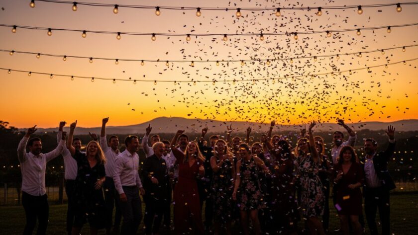 An ecstatic group of friends in Woodend, Victoria, caught mid-laughter and dance under fairy lights at an outdoor party, illuminated by a warm, golden hour glow, perfectly capturing vibrant Woodend party photography for memorable celebrations with a sense of joy and connection.