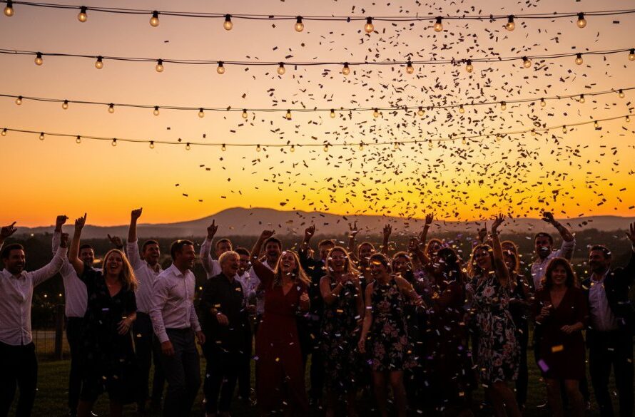 An ecstatic group of friends in Woodend, Victoria, caught mid-laughter and dance under fairy lights at an outdoor party, illuminated by a warm, golden hour glow, perfectly capturing vibrant Woodend party photography for memorable celebrations with a sense of joy and connection.