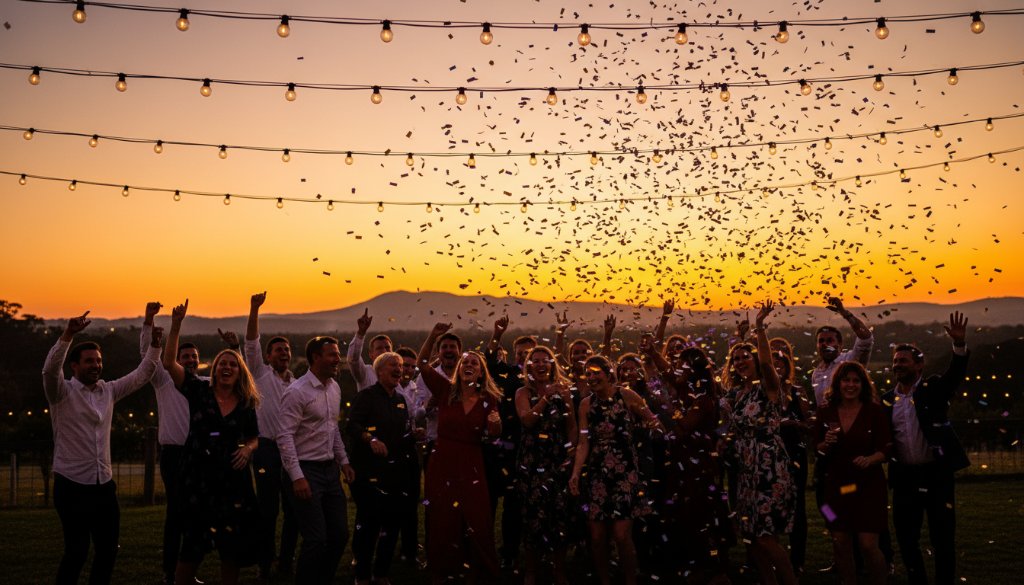 An ecstatic group of friends in Woodend, Victoria, caught mid-laughter and dance under fairy lights at an outdoor party, illuminated by a warm, golden hour glow, perfectly capturing vibrant Woodend party photography for memorable celebrations with a sense of joy and connection.