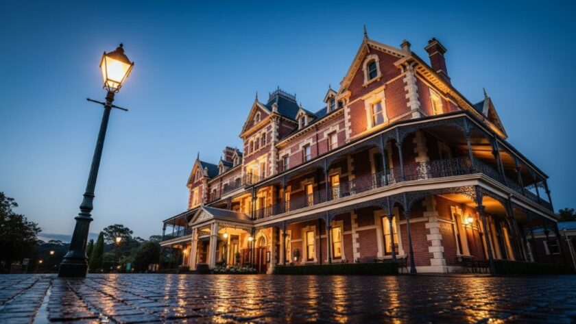 An epic, dramatic wide-angle shot showcasing the intricate facade of a grand historic Victorian-era building in Daylesford, bathed in the golden hour light, capturing its timeless Victorian charm architectural photography Daylesford aesthetic.