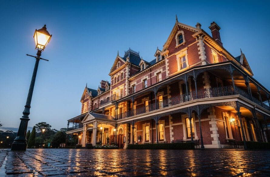 An epic, dramatic wide-angle shot showcasing the intricate facade of a grand historic Victorian-era building in Daylesford, bathed in the golden hour light, capturing its timeless Victorian charm architectural photography Daylesford aesthetic.