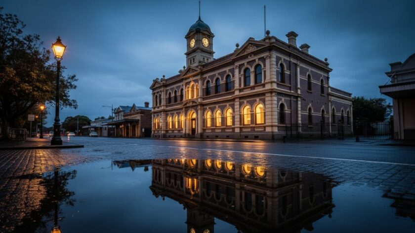 Dramatic twilight shot showcasing ornate details of a meticulously restored Victorian era architecture photography Leongatha building, bathed in warm, cinematic light against a deep blue sky.