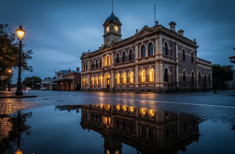 Dramatic twilight shot showcasing ornate details of a meticulously restored Victorian era architecture photography Leongatha building, bathed in warm, cinematic light against a deep blue sky.