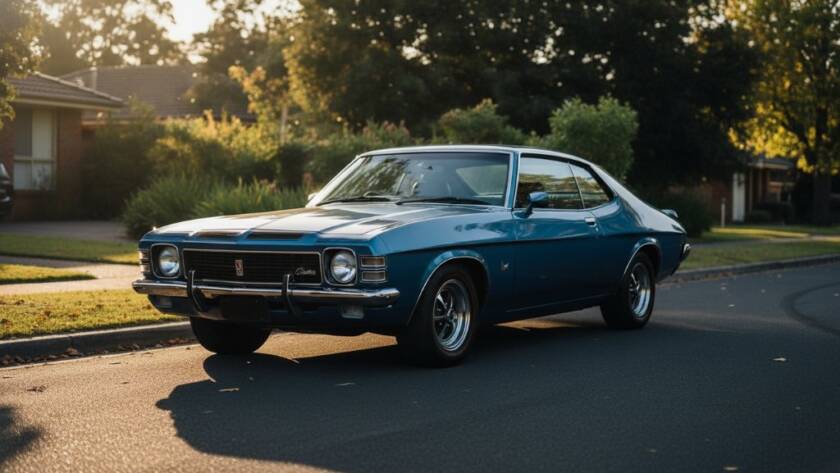 Dramatic shot of a polished vintage muscle car under golden hour light on a quiet street in Box Hill North, Victoria, highlighting its classic lines during a professional vintage auto photoshoot.