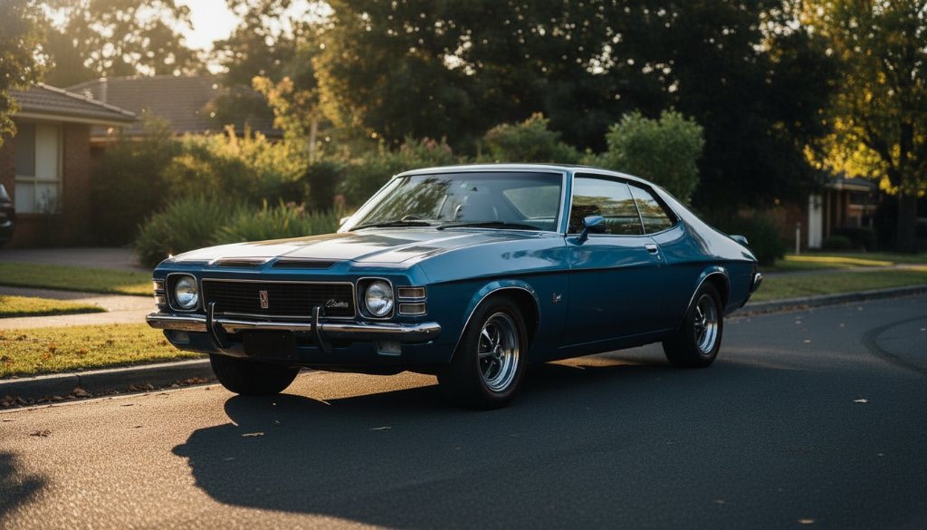 Dramatic shot of a polished vintage muscle car under golden hour light on a quiet street in Box Hill North, Victoria, highlighting its classic lines during a professional vintage auto photoshoot.