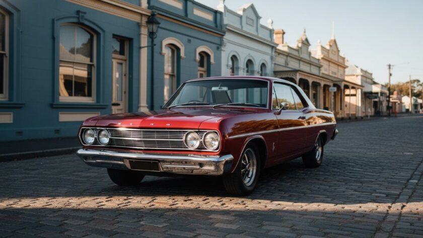 An epic moment of a perfectly restored classic red vintage car gleaming in the late afternoon sun, parked on a cobblestone street in Clunes with historic goldfields buildings in the background, showcasing its timeless beauty for Vintage Car Elegance Photography Clunes Goldfields.