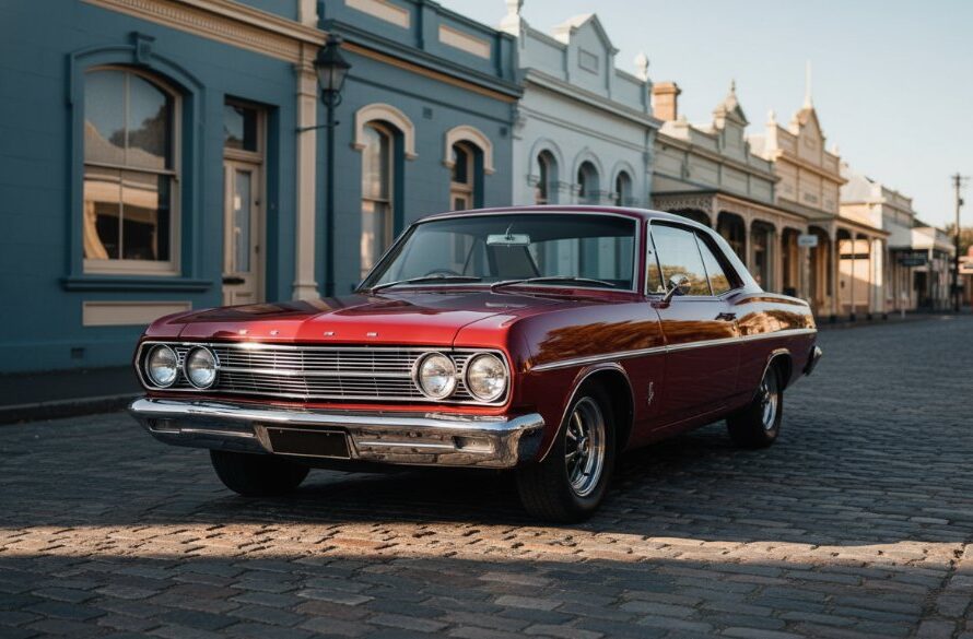 An epic moment of a perfectly restored classic red vintage car gleaming in the late afternoon sun, parked on a cobblestone street in Clunes with historic goldfields buildings in the background, showcasing its timeless beauty for Vintage Car Elegance Photography Clunes Goldfields.