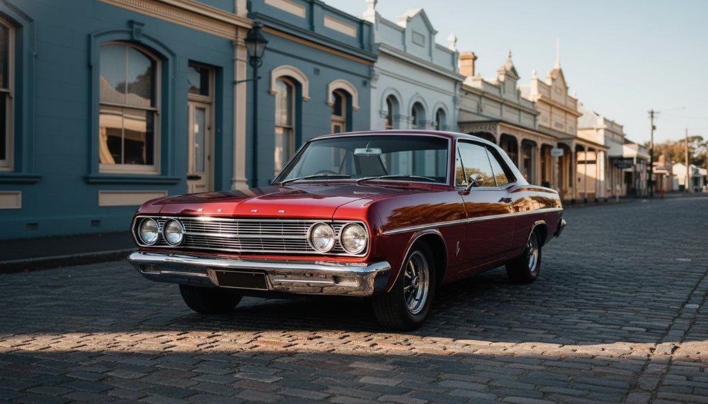 An epic moment of a perfectly restored classic red vintage car gleaming in the late afternoon sun, parked on a cobblestone street in Clunes with historic goldfields buildings in the background, showcasing its timeless beauty for Vintage Car Elegance Photography Clunes Goldfields.