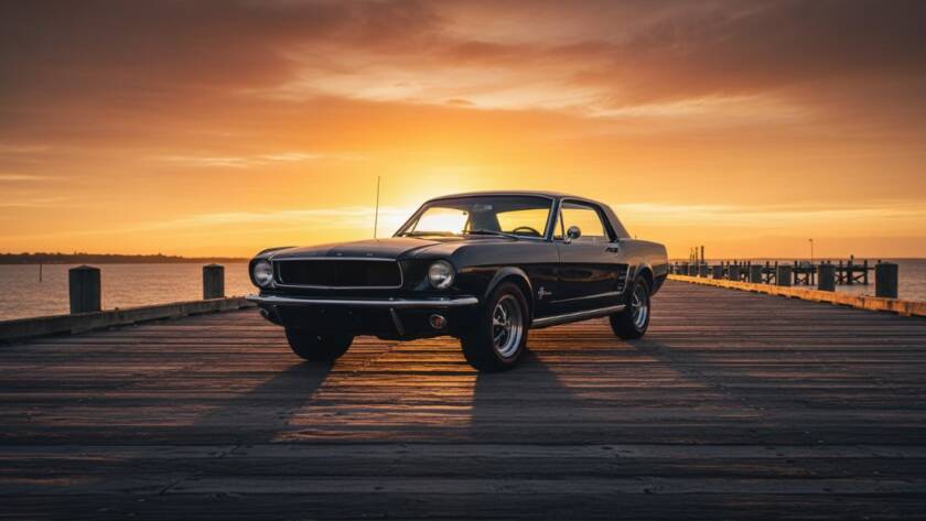 An epic moment captured: A pristine vintage car, gleaming under the last rays of sunlight during a vintage car photography Altona pier sunset Victoria session. The vehicle is parked majestically on the Altona pier, with the vibrant orange and purple sky reflecting on its polished chrome, evoking a sense of timeless elegance and drama.