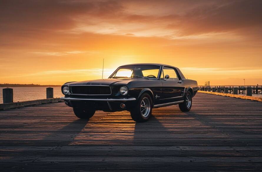 An epic moment captured: A pristine vintage car, gleaming under the last rays of sunlight during a vintage car photography Altona pier sunset Victoria session. The vehicle is parked majestically on the Altona pier, with the vibrant orange and purple sky reflecting on its polished chrome, evoking a sense of timeless elegance and drama.