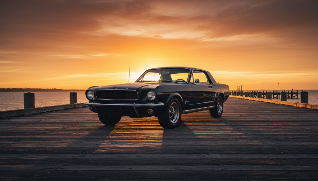 An epic moment captured: A pristine vintage car, gleaming under the last rays of sunlight during a vintage car photography Altona pier sunset Victoria session. The vehicle is parked majestically on the Altona pier, with the vibrant orange and purple sky reflecting on its polished chrome, evoking a sense of timeless elegance and drama.