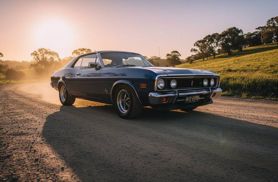 Dramatic wide shot of a gleaming vintage car at sunset, parked on a rustic road near Brimbank Park, highlighting expert vintage car photography Deer Park Victoria with cinematic lighting.