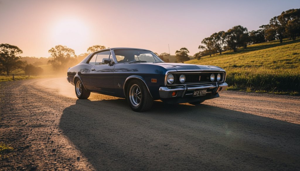 Dramatic wide shot of a gleaming vintage car at sunset, parked on a rustic road near Brimbank Park, highlighting expert vintage car photography Deer Park Victoria with cinematic lighting.