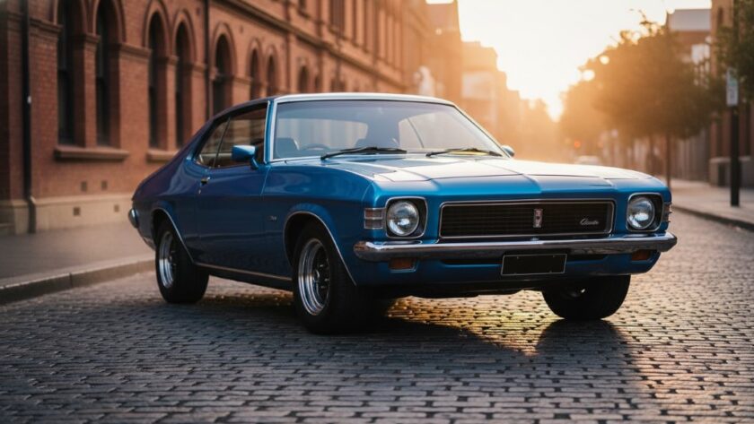 Dramatic evening shot of a gleaming classic muscle car parked on a cobblestone street in Geelong West, bathed in the warm glow of vintage streetlights, with professional 'Vintage Car Photography Geelong West Urban Backdrop' capturing its powerful silhouette and intricate details.