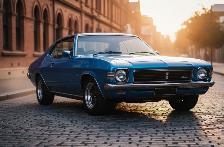 Dramatic evening shot of a gleaming classic muscle car parked on a cobblestone street in Geelong West, bathed in the warm glow of vintage streetlights, with professional 'Vintage Car Photography Geelong West Urban Backdrop' capturing its powerful silhouette and intricate details.