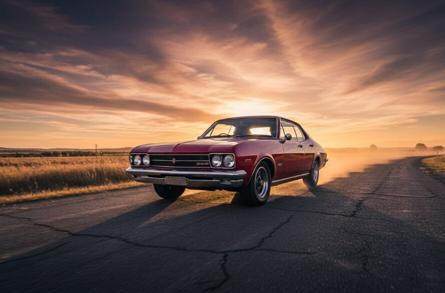 A stunning golden hour image showcasing a meticulously restored vintage car, expertly captured with professional Vintage Car Photography Swan Hill Victoria, driving along a picturesque country road with a dramatic, dusty sunset creating an epic, cinematic feel.