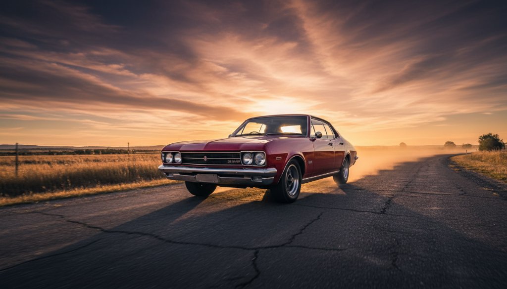 A stunning golden hour image showcasing a meticulously restored vintage car, expertly captured with professional Vintage Car Photography Swan Hill Victoria, driving along a picturesque country road with a dramatic, dusty sunset creating an epic, cinematic feel.