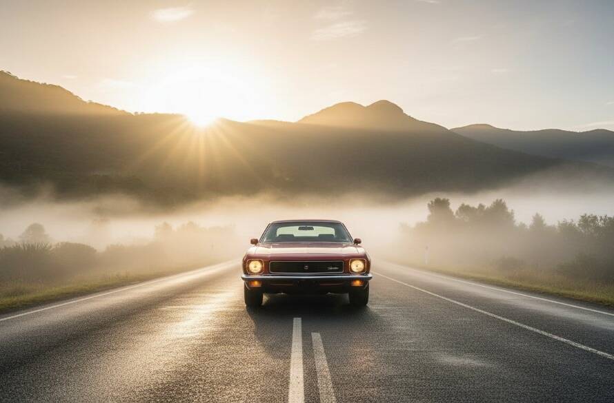 An epic moment of a gleaming red vintage car parked dramatically against the misty, sun-drenched Dandenong Ranges backdrop at dawn, capturing the essence of vintage car photography Upper Ferntree Gully Victoria.