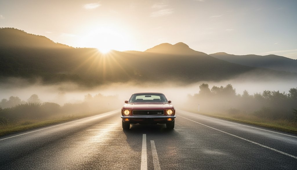 An epic moment of a gleaming red vintage car parked dramatically against the misty, sun-drenched Dandenong Ranges backdrop at dawn, capturing the essence of vintage car photography Upper Ferntree Gully Victoria.