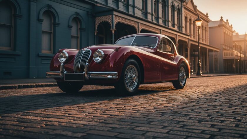 An epic moment capture of a gleaming vintage car parked on a historic street in Ballarat Central, Victoria, bathed in dramatic golden hour light, perfect for a Vintage Car Photoshoot Ballarat Central Victoria.