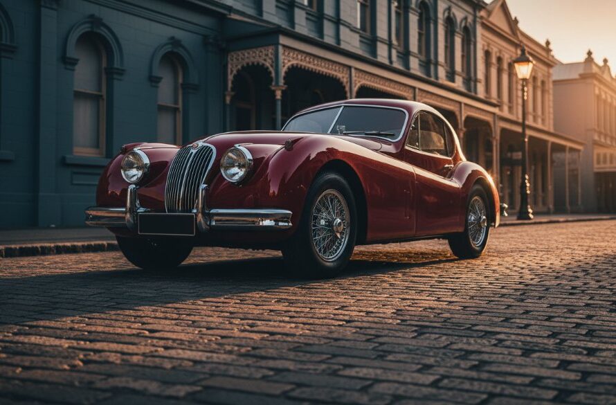 An epic moment capture of a gleaming vintage car parked on a historic street in Ballarat Central, Victoria, bathed in dramatic golden hour light, perfect for a Vintage Car Photoshoot Ballarat Central Victoria.